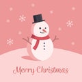 Cute illustration of snowman. Cartoon flat style Christmas card. Falling snow pink background.