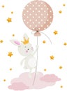 Cute illustration with sweet bunny flying with balloon in starry sky