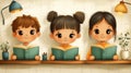 Cute Illustration of Three Children Reading Books on a Shelf Royalty Free Stock Photo