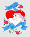 Cute illustration with unicorn, heart and ribbon for fashion t shirt.