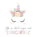 Cute illustration with unicorn and lettering inscription