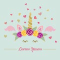 Cute illustration with Unicorn tiara and horn, pink wings on blue background