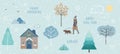 Cute illustration of winter trees, fir trees, bushes, leaves, woman, dog, birds, house, sun, snow and clouds. New year, christmas Royalty Free Stock Photo