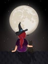 illustration of witch sitting on the roof