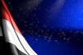 cute illustration of Yemen flag hanging diagonal on blue with selective focus and free space for text - any feast flag 3d