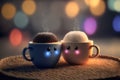 Cute image of the cup of coffee latte characters full of love and happiness. Abstract picture of romantic dinner. Food Character