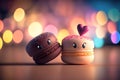 Cute image of the macaroon makaroon characters full of love and happiness. Abstract picture of romantic dinner. Food Character