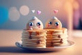 Cute image of the pancake characters full of love and happiness. Abstract picture of romantic dinner. Food Character concept