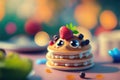 Cute image of the pancake characters full of love and happiness. Abstract picture of romantic dinner. Food Character concept