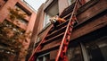 A cute red panda climbing down a fire escape ladder on the of a brick building in a city. generative ai. Royalty Free Stock Photo