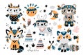 Cute Indian tribal animals. Funny bunny, fox, raccoon and owl with feathers decor and painted faces. Boho forest Royalty Free Stock Photo