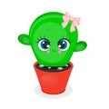 Cute indoor cactus in a pot character, with eyes, cartoon style, colorful vector, print for textiles, packaging