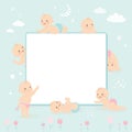 Cute infant baby frame template. Funny newborn children in different poses on doodle background