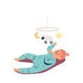 Cute infant baby lying on back and playing with toy carousel. Happy newborn little girl has fun