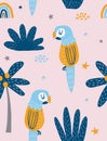 Funny Hand Drawn Tropical Garden Vector Seamless Pattern with Parrots and Palms. Royalty Free Stock Photo