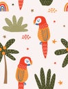 Funny Hand Drawn Tropical Garden Vector Seamless Pattern with Parrots and Palms. Royalty Free Stock Photo