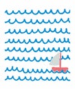 Cute Infantile Style Vector Illustration with Simple Hand Drawn Boat and Grunge Blue Waves. Royalty Free Stock Photo