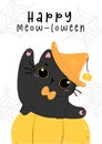 Cute innocence black cats witch on pumpkins, happy Halloween humorous cartoon animal Royalty Free Stock Photo