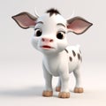 Delicate Cartoon Cow Baby In Pixar Style On White Background