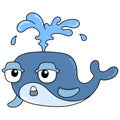 Cute innocent faced giant whale oozing water from its back, doodle icon image kawaii