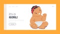 Cute Innocent Infant Girl Landing Page Template. Newborn Asian Baby Character Wear Diaper and Red Bow on Head Royalty Free Stock Photo