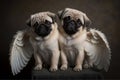 Cute innocent pugs with angel wings. Generative ai