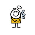 Cute, innocent stickman angel stands with folded hands and closed eyes. Vector illustration of a cupid from paradise