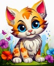 Cute inquisitive ginger kitten with big eyes. Cartoon style. Close-up. Royalty Free Stock Photo