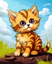 Cute inquisitive ginger kitten with big eyes. Cartoon style. Close-up. Royalty Free Stock Photo