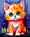 Cute inquisitive ginger kitten with big eyes. Cartoon style. Close-up.