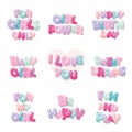 Cute inscription icons for girls. Cartoon glossy letters in pastel colors.