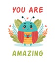 Cute insect beetle with lettering you are amazing, cartoon character vector illustration.