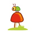 A cute insect in cartoon style sits on a mushroom. A beetle and a mushroom stand in a clearing