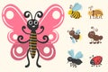 Cute insect characters, bug worm, beetle flat. Royalty Free Stock Photo