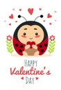 Cute insect ladybug with heart, cartoon character vector illustration Royalty Free Stock Photo