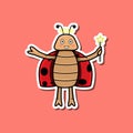 Cute Insect Sticker With Fairy Beetle Cartoon. Pink Background.