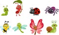 Cute Insects Animals Cartoon Characters. Vector Flat Design Collection Set Royalty Free Stock Photo