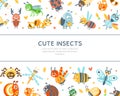 Cute Insects Banner Template, Cover, Poster, Invitation Card with Funny Caterpillar, Dragonfly, Ladybug, Grasshopper Royalty Free Stock Photo