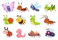 Cute insects. Bugs creatures bee and ladybug, worm, snail and butterfly, caterpillar. Mantis, dragonfly and fly cartoon