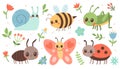 Cute insects set. Butterfly, ant, ladybug, bee, snail, grasshopper. Vector illustration isolated on white background Royalty Free Stock Photo