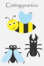 Cute insects in cartoon style, cutting practice, education game for the development of preschool children, use scissors, cut the