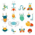 Cute insects doodle style. Isolated beetle and worm, snail and caterpillar. Abstract butterfly and spider. Funny Royalty Free Stock Photo