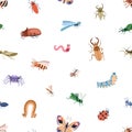 Cute insects pattern. Seamless childish background with happy funny beetles, bugs, butterflies, spiders. Repeating print Royalty Free Stock Photo