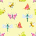 Cute insects seamless pattern. Funny butterfly, dragonfly and honey bee isolated on yellow background. Vector illustration Royalty Free Stock Photo