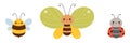 Cute insects set. Butterfly, bee and ladybug in flat cartoon style. Royalty Free Stock Photo