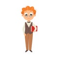 Cute Intelligent Boy in Elegant Clothes Standing with Book, Education and Knowledge Concept Cartoon Style Vector