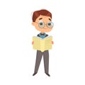 Cute Intelligent Boy Standing and Reading Book, Education and Knowledge Concept Cartoon Style Vector Illustration