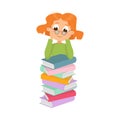 Cute Intelligent Girl in Glasses Sitting on Pile of Books, Education and Knowledge Concept Cartoon Style Vector