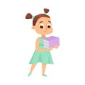 Cute Intelligent Girl Holding Stack of Books, Education and Knowledge Concept Cartoon Style Vector Illustration