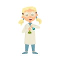 Cute Intelligent Girl in Lab Coat Doing Chemical Experiment, Education and Knowledge Concept Cartoon Style Vector